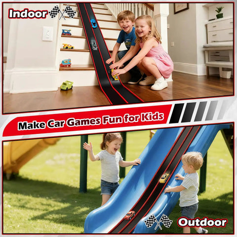 Hot Wheels Compatible 15 Ft Flexible Race Track Starter Set With Sturdy Suction Cups Rolls Up Portable Wall Ramp And Spiral Track For 1 64th Scale Diecast Cars Kid Friendly Red And Black used indoors and outdoors by children