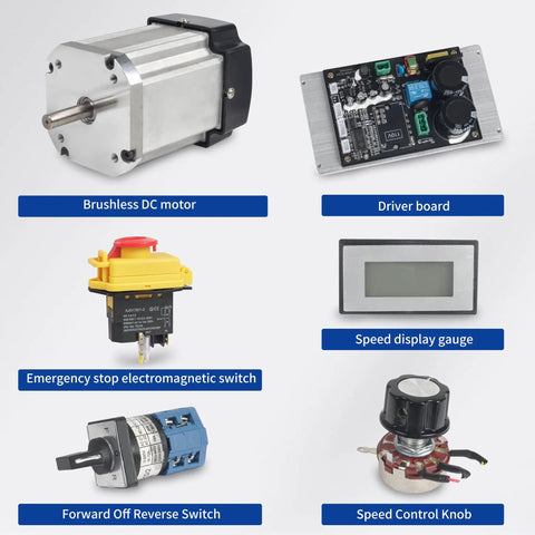 110V 750W DC Brushless Spindle Motor Kit With Driver Board For CD210V WM210V Lathe components including motor, driver, and switches