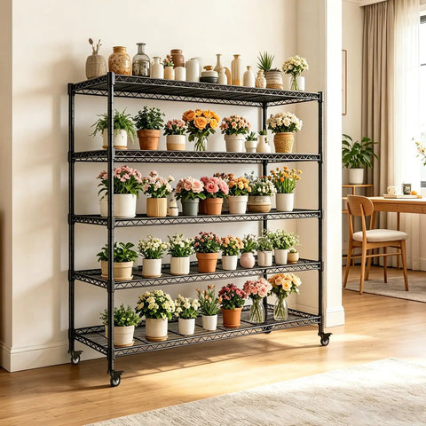 Beefy 5 Tier Rolling Wire Shelving Unit On Wheels 36 Inch Wide By 14 Inch Deep By 73 Inch High Adjustable Shelf Heights 1750 Lb Capacity Metal garage shelving with potted flowers