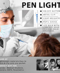Healthcare professional using penlight from Must Have Premium 7 Piece Silver Diagnostic Kit With Taylor Hammer, Tuning Forks, Measuring Tape.