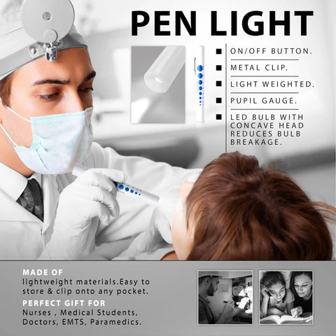 Healthcare professional using penlight from Must Have Premium 7 Piece Silver Diagnostic Kit With Taylor Hammer, Tuning Forks, Measuring Tape.
