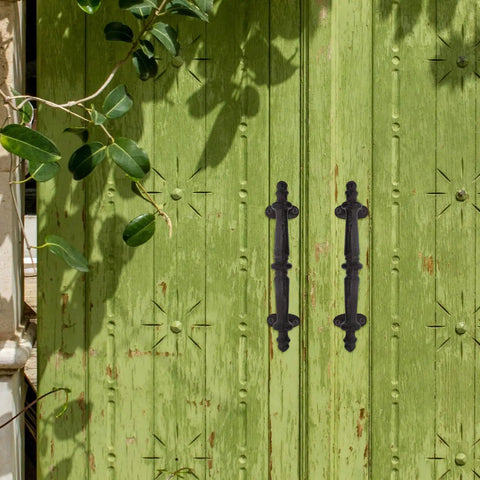 Rustic Cast Iron Outdoor Gate Handle With Knob Pulls For Garden Fence And Cabinet Hardware on green wooden gate