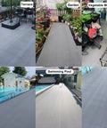 Commercial Drainage Mat 3x10 Ft 0.22 Inch Thick Grippy Non Slip PVC Floor Rug Gray shown in terrace, garden, market, pool areas.