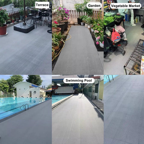 Commercial Drainage Mat 3x10 Ft 0.22 Inch Thick Grippy Non Slip PVC Floor Rug Gray shown in terrace, garden, market, pool areas.