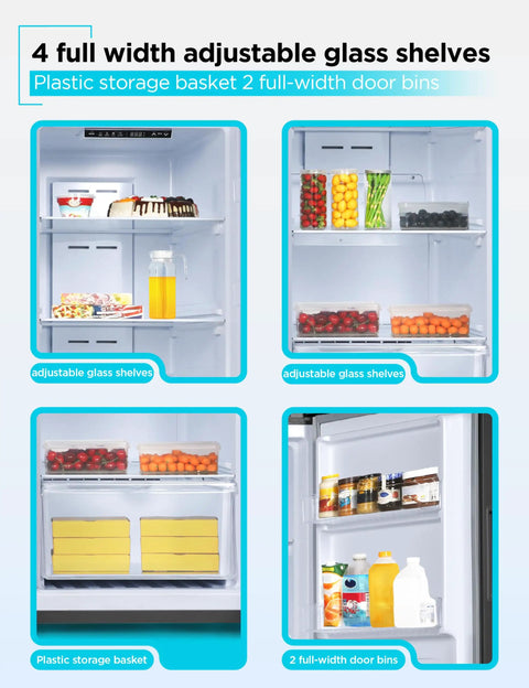 Interior view of Hella Spacious 11 Cu Ft Stand Up Freezer And Refrigerator Combo with adjustable glass shelves and storage baskets.