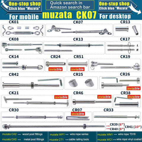 Detailed image catalog showcasing Muzata CK07 cable railing end fittings with various configurations, sizes, and models.