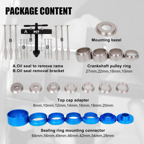 Components of Crankshaft Seal Installer And Remover Kit 33 Pc Set with Seal Puller, adapters, and connectors.