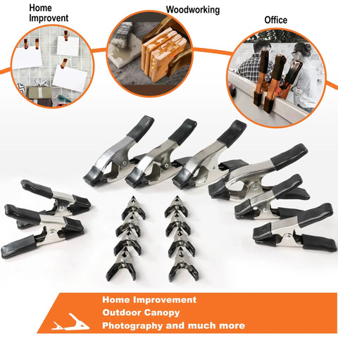 Nickel Plated Metal Spring Clamps Set For Woodworking And Photography Backdrops, Heavy Duty Clips In various sizes on display