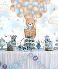 Blue Bear Hot Air Balloon Backdrop For Boy Tot Friendly Baby Shower Photo Booth Prop 7x5ft Cotton Fabric, Reusable, Wrinkle Resistant