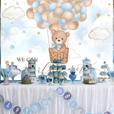 Blue Bear Hot Air Balloon Backdrop For Boy Tot Friendly Baby Shower Photo Booth Prop 7x5ft Cotton Fabric, Reusable, Wrinkle Resistant