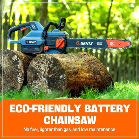 60V 16 Inch Cordless Chainsaw With Brushless Motor displayed on wood logs outdoors