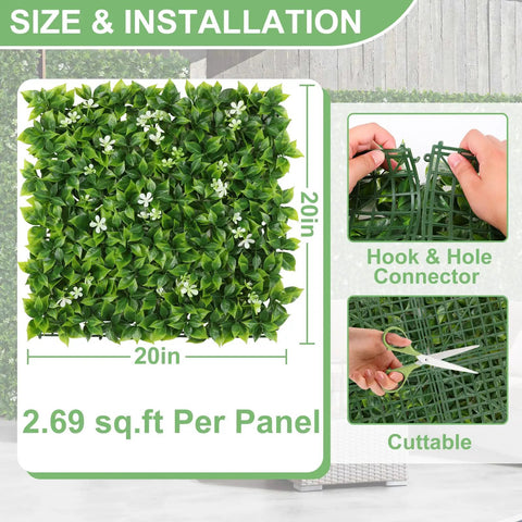 Six Pack 20 Inch By 20 Inch Artificial Grass Wall Panels Greenery Backdrop Set Boxwood Leaves For Indoor Or Outdoor Decor Balcony Garden Fence Screen And Wall Backdrop size and installation guide