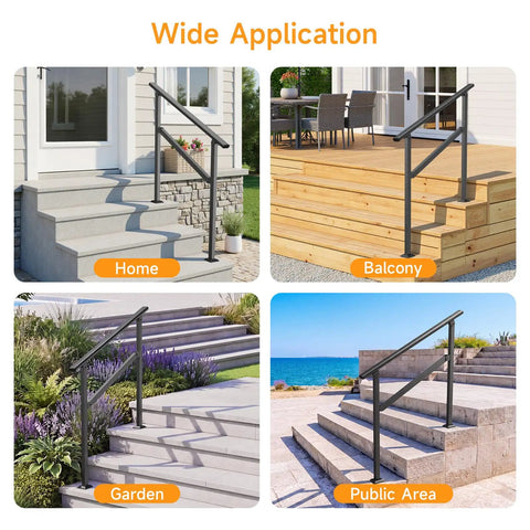 Built Solid As A Rock Wrought Iron Handrail For Outdoor Steps in four settings: home, balcony, garden, public area.