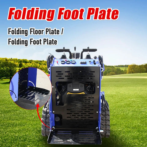 23HP Skid Steer Loader With Quick Attach System, folding foot plate detail on compact twin-cylinder engine with air cooling.