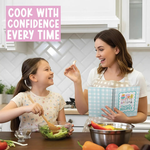 Mother and daughter cooking with Blank Recipe Book For Writing Your Own Dishes Spiral Notebook With 79 Blank Pages DIY Kitchen Journal