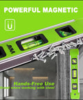 Heavy Duty Nine Inch Torpedo Level With Mighty Magnet Strip And Triple Clear Vials Delivering Spot On 45 90 180 Degree Reads on a wall with screws.