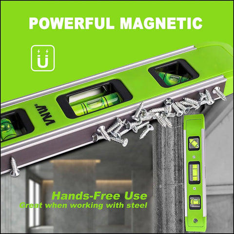 Heavy Duty Nine Inch Torpedo Level With Mighty Magnet Strip And Triple Clear Vials Delivering Spot On 45 90 180 Degree Reads on a wall with screws.