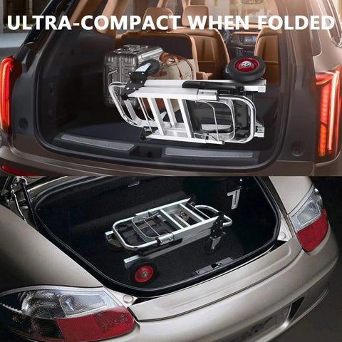 2-In-1 Folding Hand Truck And Dolly Platform Cart Convertible For Heavy Duty Lifting 500-700 Lb Capacity With All Terrain Rubber Wheels And Smooth Ride Switch Between Vertical And Flat Modes folded in SUV trunk