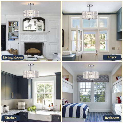 Crystal Semi Flush Mount Chandelier 12.6 Inch Round Drum Ceiling Light 3 Light E12 Fixture Chrome Finish in various rooms