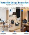 No Sweat AC To DC Power Converter Adapter shown in versatile scenarios for FM transmitters, GPS, and dash cams.