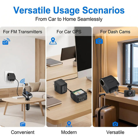 No Sweat AC To DC Power Converter Adapter shown in versatile scenarios for FM transmitters, GPS, and dash cams.