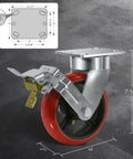 Side view of a Six By Two Inch Beefy Heavy Duty Caster with Crowned Polyurethane Tread on Cast Iron Core, showing brake and swivel.