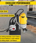 Powerful 750W Magnetic Drill Press With Strong 8500N Magnet Force showing motor specifications and core drilling capabilities.