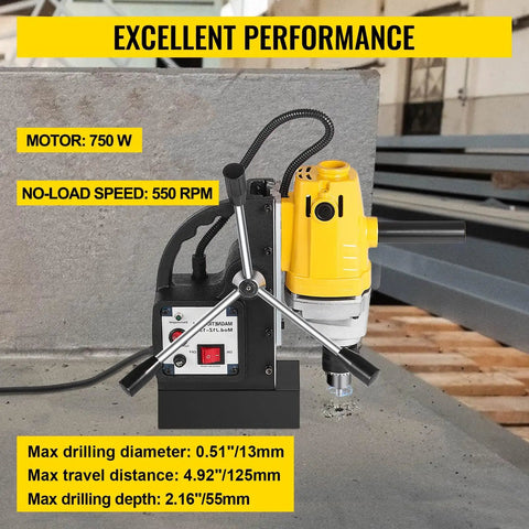 Heavy Duty Portable Magnetic Drill Press With 8500N Magnet Force And 750W Motor on steel, showing specs: 750W, 550RPM, max cut 13mm.
