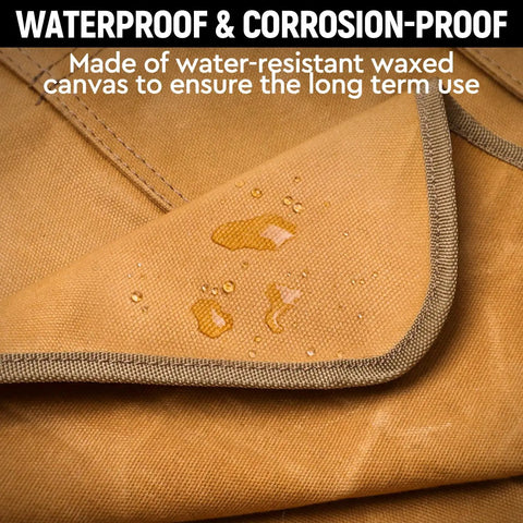 Close-up of Khaki Tough As Nails 20 Oz Waxed Canvas Woodworking Apron For Men With 9 Tool Pockets showing water-resistant fabric.