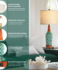 Vintage Ceramic Table Lamps Set Of 2 For Your Living Room And Bedroom Teal MCM Style Nightstand Lamps With USB Ports and Oatmeal Linen Shade