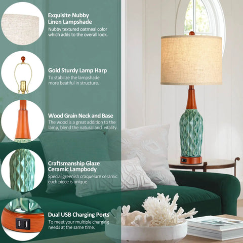 Vintage Ceramic Table Lamps Set Of 2 For Your Living Room And Bedroom Teal MCM Style Nightstand Lamps With USB Ports and Oatmeal Linen Shade