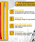 16-Foot Aluminum Grade Leveling Rod Dual-Sided 5-Section Telescopic With Bubble Level Red Foot Markings 10ths Weather-Resistant Graduations Lightweight Built Tough Construction Includes Soft Carrying Case, shown with case and scale