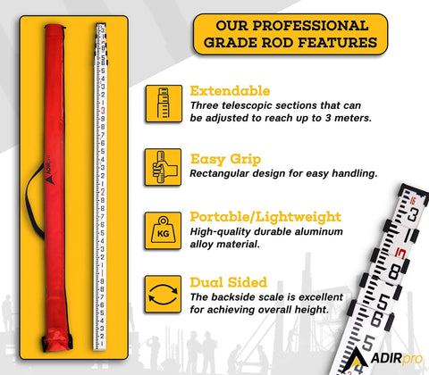 16-Foot Aluminum Grade Leveling Rod Dual-Sided 5-Section Telescopic With Bubble Level Red Foot Markings 10ths Weather-Resistant Graduations Lightweight Built Tough Construction Includes Soft Carrying Case, shown with case and scale