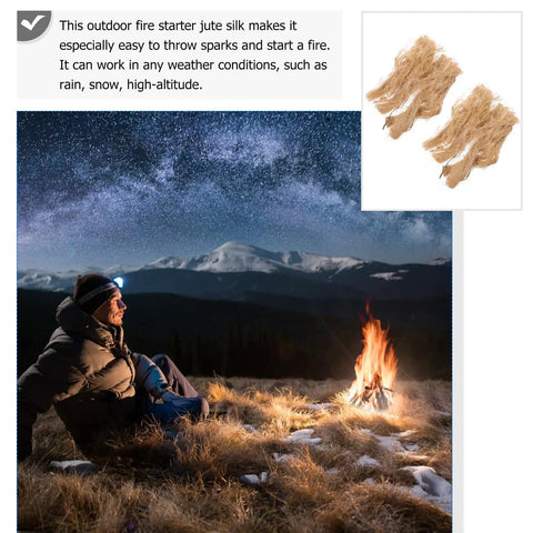 Two Pack Jute Silk Fire Starter Cord for Camping and Outdoor Survival, man by campfire with jute silk under night sky