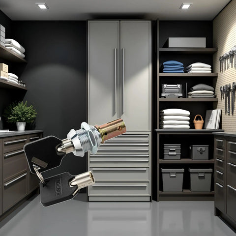 1 Set Tubular Lock And Key Set For Toolbox And Cabinet Drawers With Keys in a garage storage setting