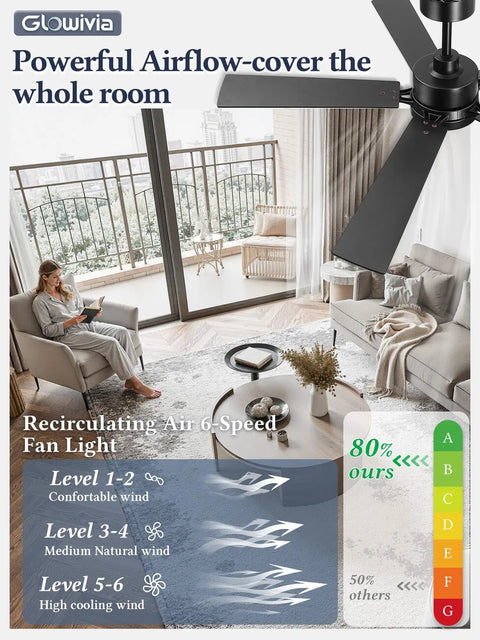52 Inch Ceiling Fan With Lights And Remote Smart App Control Dimmable shown in modern living room with large windows.