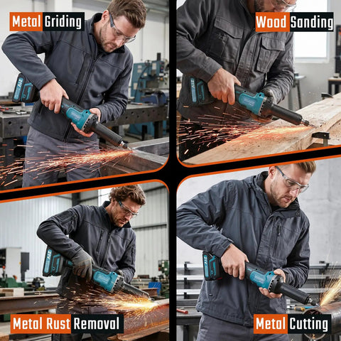 Heavy Duty Cordless Die Grinder With Two 21V Batteries Badass Powerhouse for metal grinding and wood sanding in workshop.