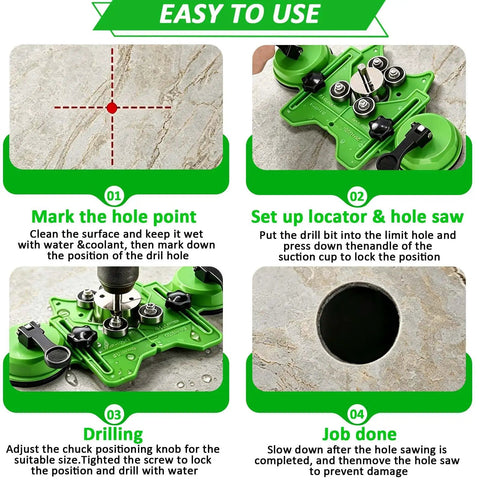 Rock Solid Workhorse 16 Piece Diamond Hole Saw Kit With Double Suction Cup Guide setup instructions on hard surface drilling.