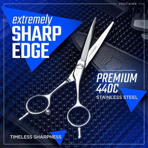 Pro Grade Hair Cutting Scissors 4.5 Inch Ultra Sharp Thin Blades 440C Steel on textured surface with sharp edge design