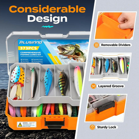 All-In-One Fishing Lures Kit With Tackle Box And 373-Piece Gear Set, showcasing organized lures and dividers for easy access