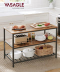 Industrial Kitchen Island Featuring Three Tier Storage And Generous Worktop, Rock Solid Steel Frame Built For Real Life Messes, Rustic Brown And Black Finish, Zero Sweat Quick Setup For Any Space in a modern kitchen setting.