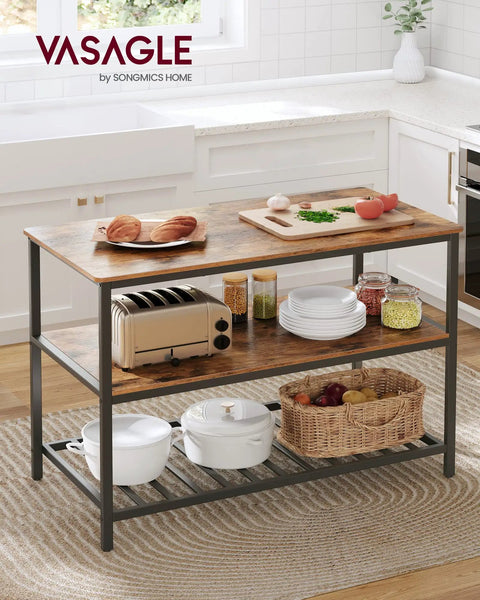 Industrial Kitchen Island Featuring Three Tier Storage And Generous Worktop, Rock Solid Steel Frame Built For Real Life Messes, Rustic Brown And Black Finish, Zero Sweat Quick Setup For Any Space in a modern kitchen setting.