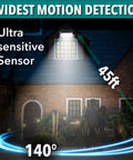 Ultra Lit Solar Flood Lights Outdoor 2000 Lumen With 140 Degree Motion Detection illuminating house exterior at night.