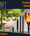 Outdoor Solar Torch Lights 96 LED Lit Dancing Flame 43 Inch Tall Waterproof Pathway Yard Garden Lamps Solar Powered With 2200mAh 6 Pack For Bright Safe Exterior Lighting, showing assembly details and installed view in garden.