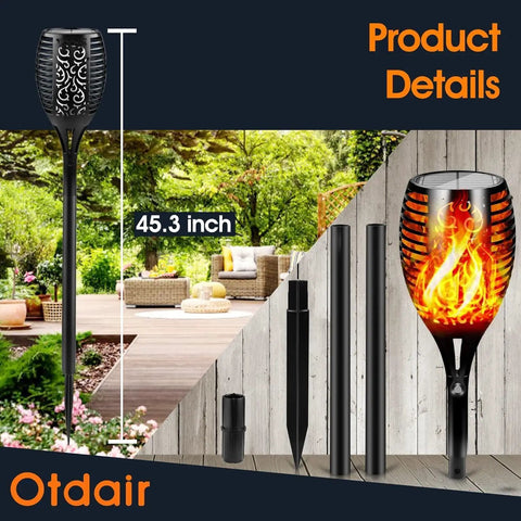 Outdoor Solar Torch Lights 96 LED Lit Dancing Flame 43 Inch Tall Waterproof Pathway Yard Garden Lamps Solar Powered With 2200mAh 6 Pack For Bright Safe Exterior Lighting, showing assembly details and installed view in garden.