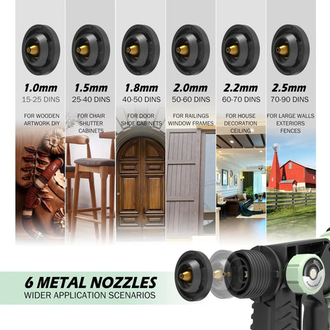 6 metal spray nozzles for Heavy Duty 1000W HVLP Paint Sprayer Packed With Six Swap Out Tips For Smooth Variable Finishes Quick Rinse Cleanup In 47 Oz Removable Cup Ideal For Gritty Diy Jobs And Room Refreshers Slick Avocado Green.