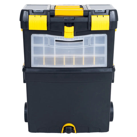 Front view of Rolling Tool Chest On Wheels With Drawers And Stackable Compartments For On The Go Jobs, Heavy Duty Mobile Utility Cart