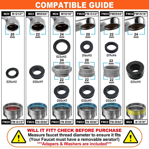 Guide for 1440 Degree Faucet Aerator Extension with thread sizes, adapters, and washers for G 1/2, 55/64, 15/16 inch threads.