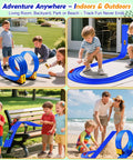 Children playing with 3 Lane Flexible Race Track For Kids With 15ft Bendable Ramp And Suction Cups Portable Roll Up Car Track.