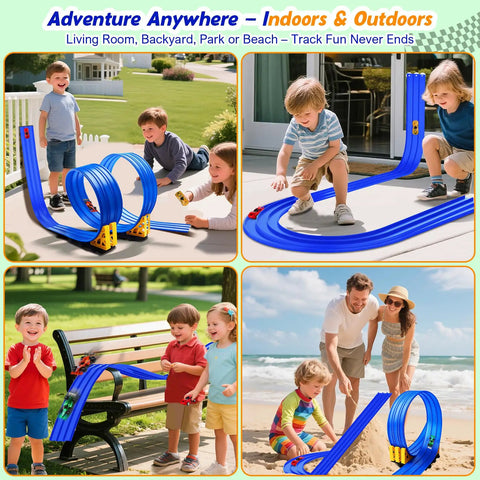 Children playing with 3 Lane Flexible Race Track For Kids With 15ft Bendable Ramp And Suction Cups Portable Roll Up Car Track.